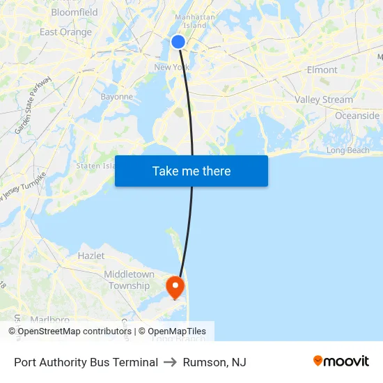 Port Authority Bus Terminal to Rumson, NJ map