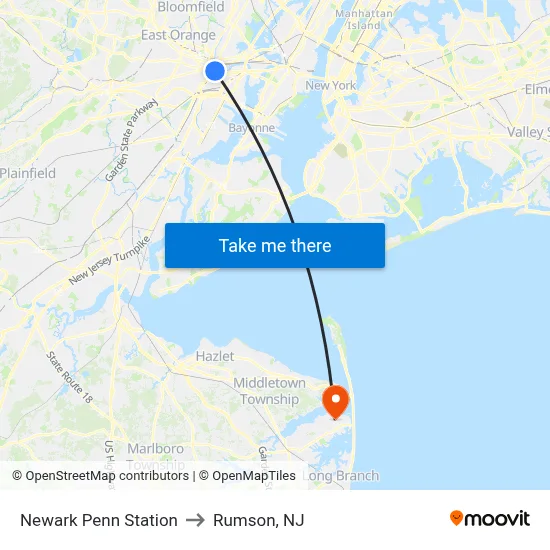 Newark Penn Station to Rumson, NJ map