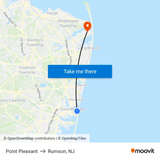 Point Pleasant to Rumson, NJ map