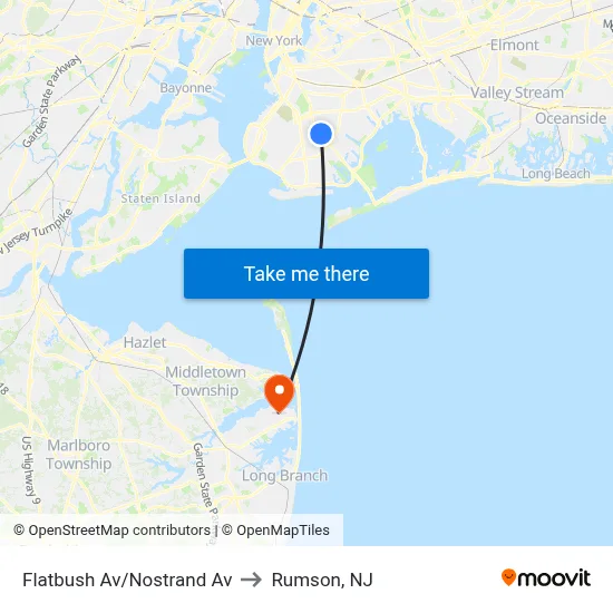 Flatbush Av/Nostrand Av to Rumson, NJ map