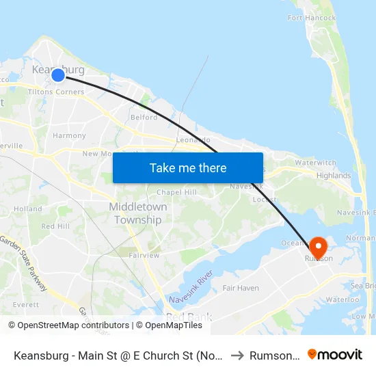 Keansburg -  Main St @ E Church St (Northbound) to Rumson, NJ map