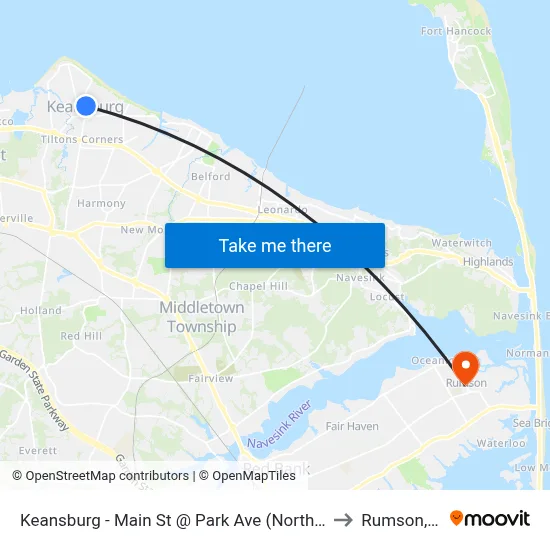 Keansburg -  Main St @ Park Ave (Northbound) to Rumson, NJ map