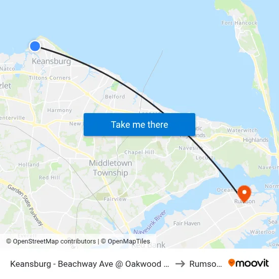 Keansburg -  Beachway Ave @ Oakwood Pl (Northbound) to Rumson, NJ map