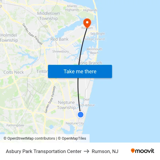 Asbury Park Transportation Center to Rumson, NJ map