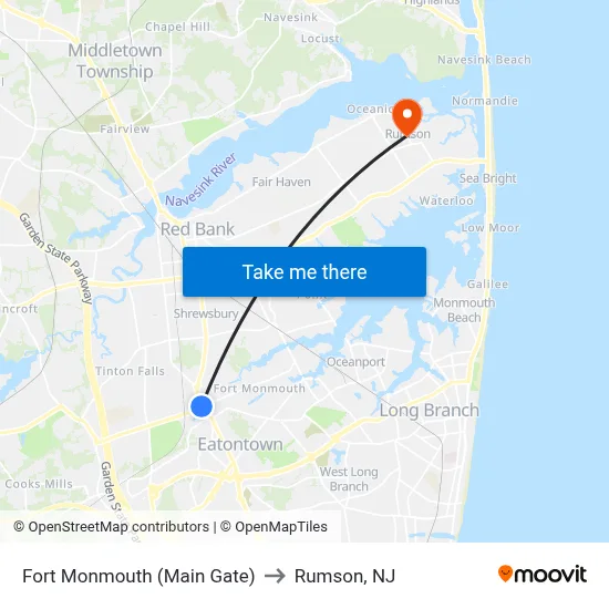 Fort Monmouth (Main Gate) to Rumson, NJ map