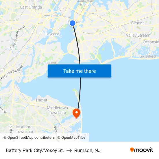 Battery Park City/Vesey St. to Rumson, NJ map