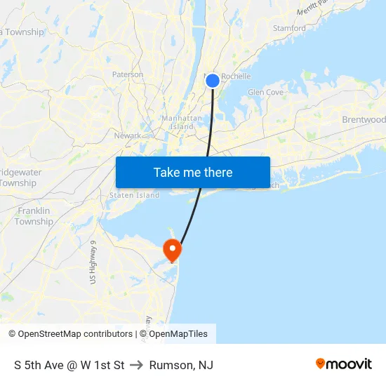 S 5th Ave @ W 1st St to Rumson, NJ map