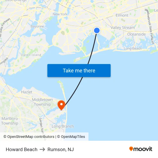 Howard Beach to Rumson, NJ map