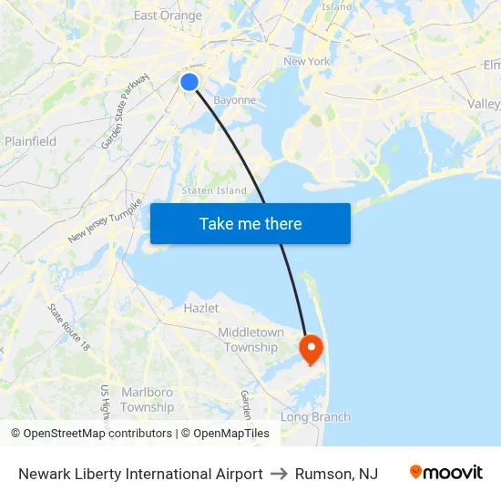 Newark Liberty International Airport to Rumson, NJ map
