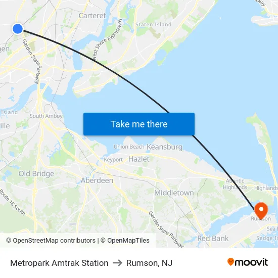 Metropark Amtrak Station to Rumson, NJ map