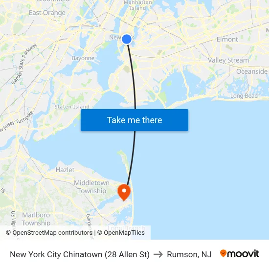 New York City Chinatown (28 Allen St) to Rumson, NJ map