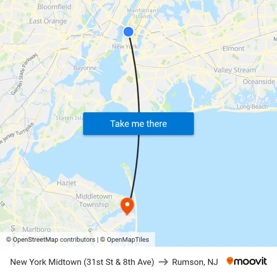 New York Midtown (31st St & 8th Ave) to Rumson, NJ map