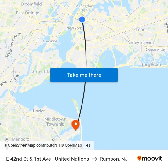 E 42nd St & 1st Ave - United Nations to Rumson, NJ map