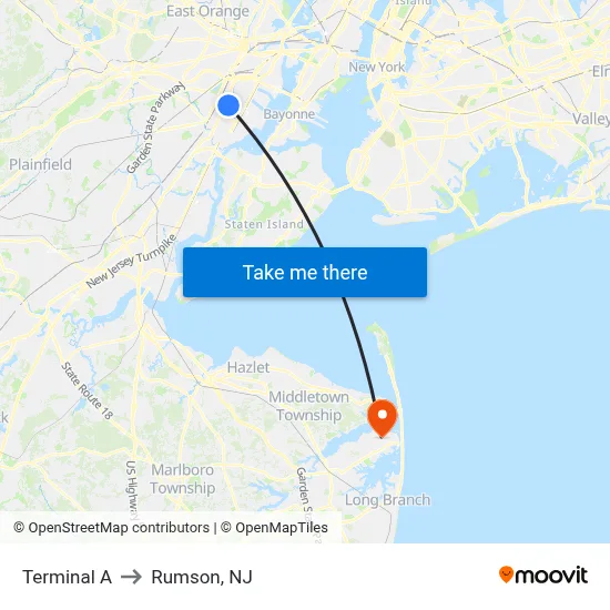 Terminal A to Rumson, NJ map