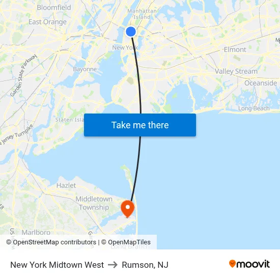 New York Midtown West to Rumson, NJ map