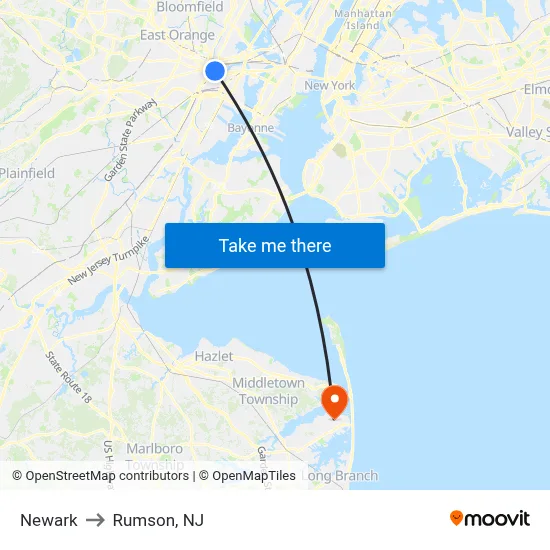 Newark to Rumson, NJ map