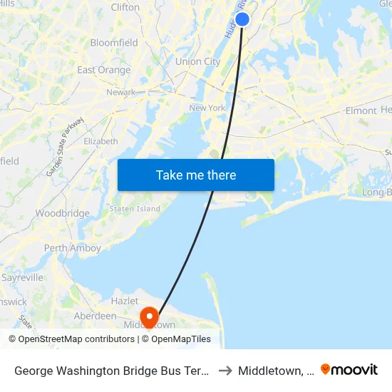 George Washington Bridge Bus Terminal to Middletown, NJ map