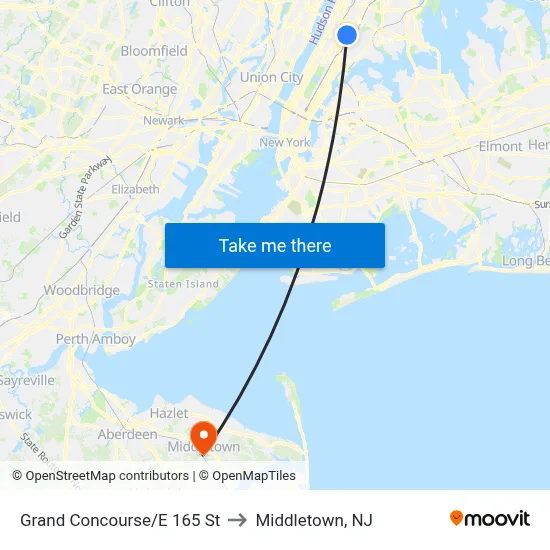 Grand Concourse/E 165 St to Middletown, NJ map