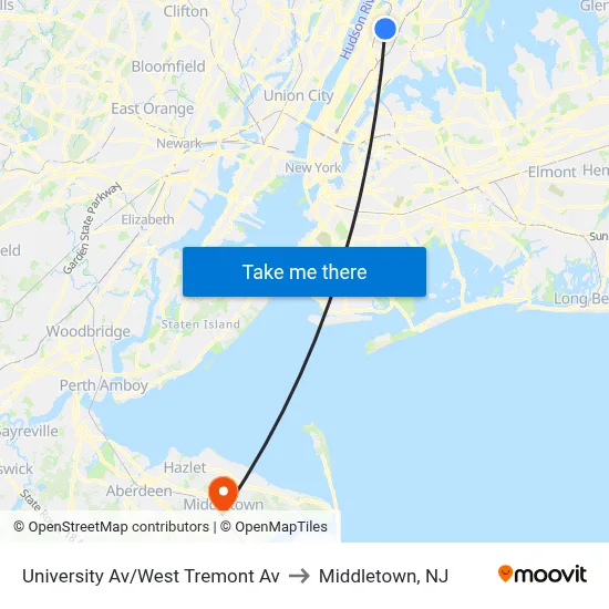 University Av/West Tremont Av to Middletown, NJ map