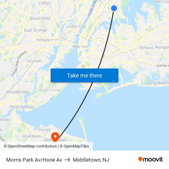 Morris Park Av/Hone Av to Middletown, NJ map