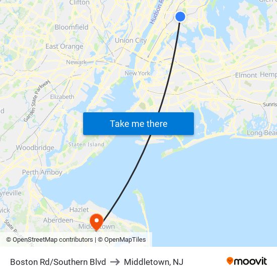 Boston Rd/Southern Blvd to Middletown, NJ map