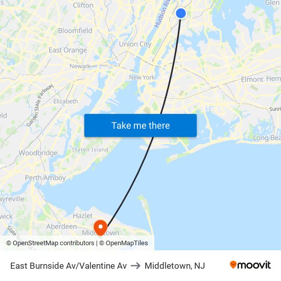 East Burnside Av/Valentine Av to Middletown, NJ map