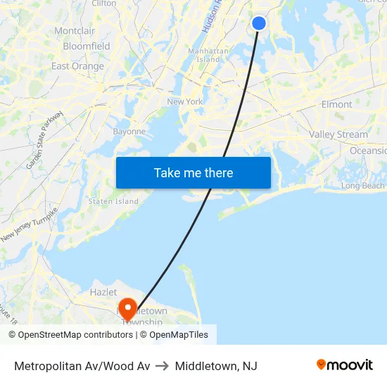 Metropolitan Av/Wood Av to Middletown, NJ map