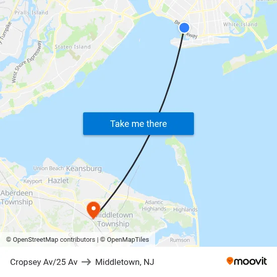 Cropsey Av/25 Av to Middletown, NJ map