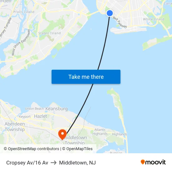 Cropsey Av/16 Av to Middletown, NJ map