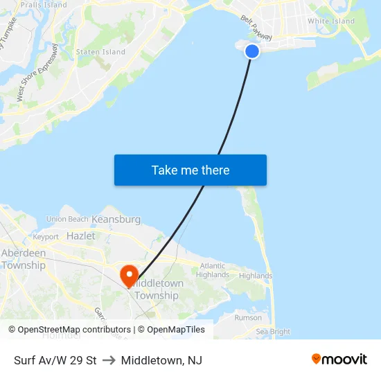 Surf Av/W 29 St to Middletown, NJ map
