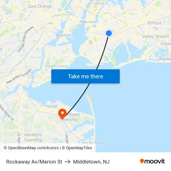 Rockaway Av/Marion St to Middletown, NJ map