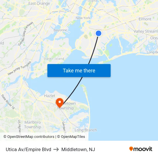 Utica Av/Empire Blvd to Middletown, NJ map