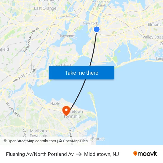 Flushing Av/North Portland Av to Middletown, NJ map