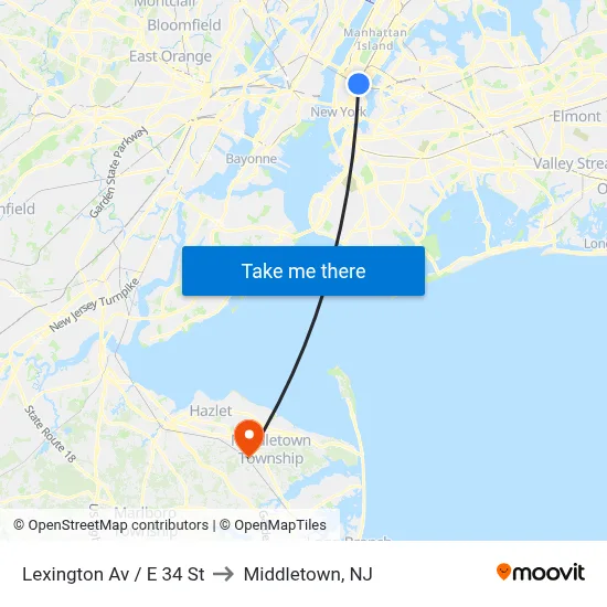 Lexington Av / E 34 St to Middletown, NJ map