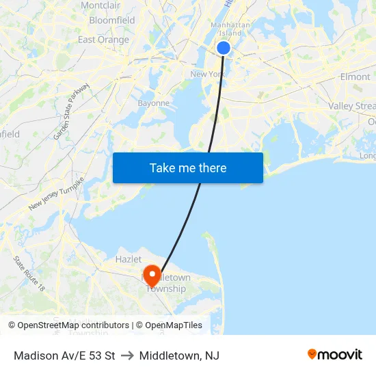 Madison Av/E 53 St to Middletown, NJ map