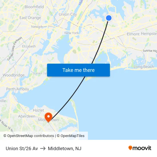 Union St/26 Av to Middletown, NJ map