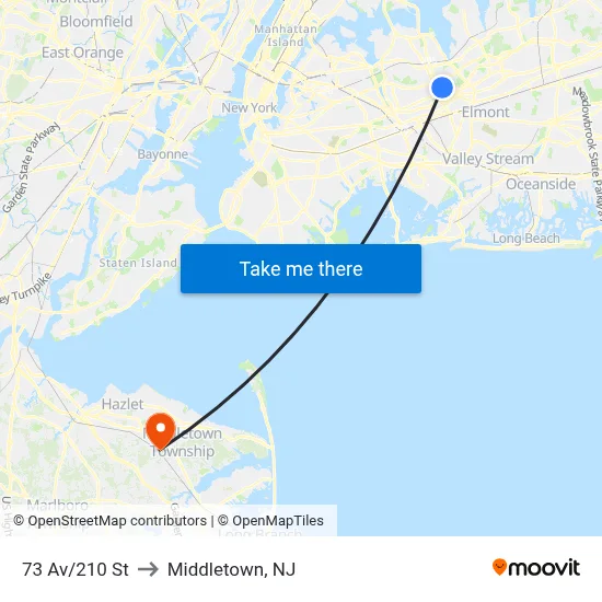 73 Av/210 St to Middletown, NJ map