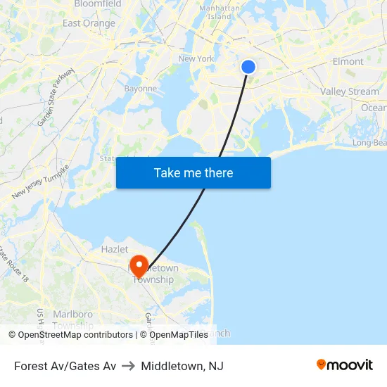 Forest Av/Gates Av to Middletown, NJ map