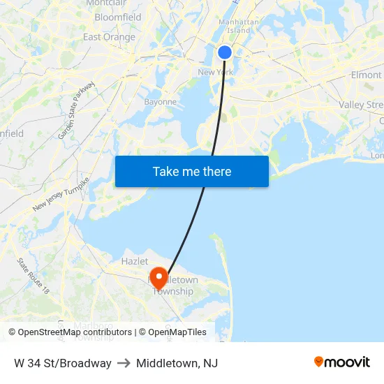 W 34 St/Broadway to Middletown, NJ map