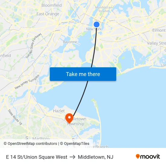E 14 St/Union Square West to Middletown, NJ map