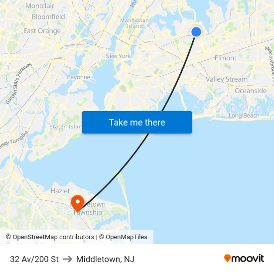 32 Av/200 St to Middletown, NJ map