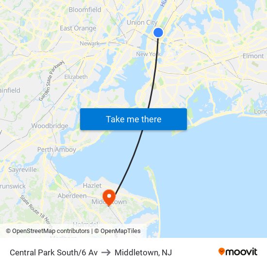 Central Park South/6 Av to Middletown, NJ map