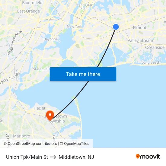 Union Tpk/Main St to Middletown, NJ map