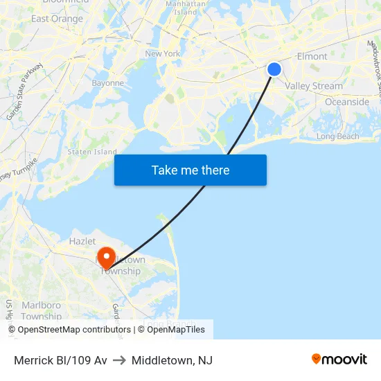 Merrick Bl/109 Av to Middletown, NJ map