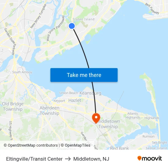 Eltingville/Transit Center to Middletown, NJ map