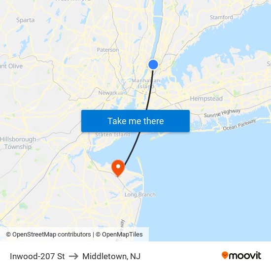 Inwood-207 St to Middletown, NJ map