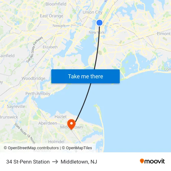 34 St-Penn Station to Middletown, NJ map