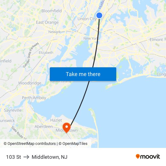 103 St to Middletown, NJ map