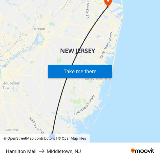 Hamilton Mall to Middletown, NJ map
