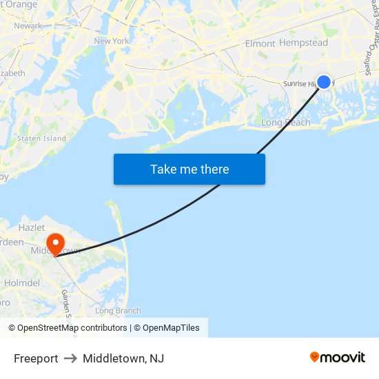 Freeport to Middletown, NJ map